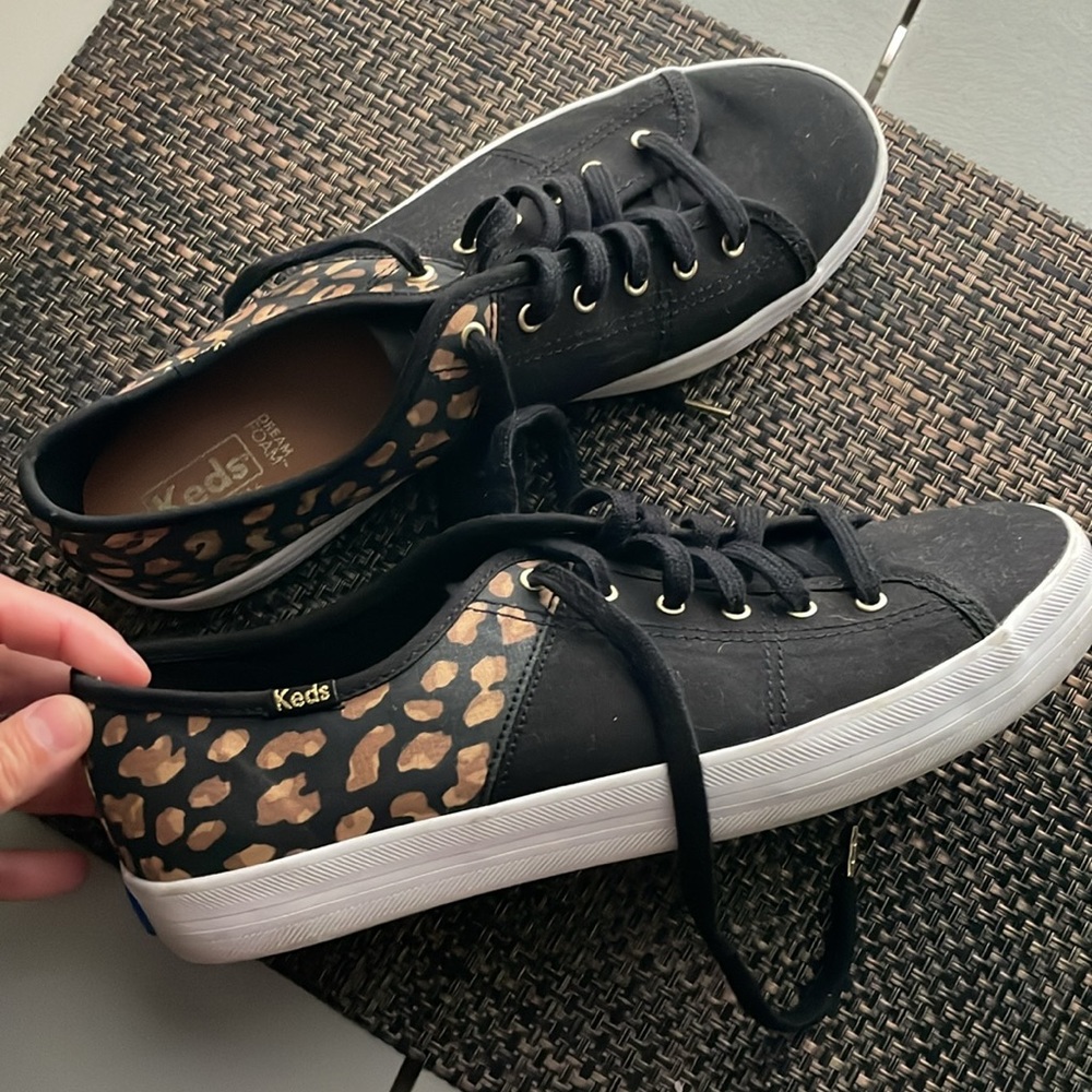 Keds Kickstart Womens Shoes Black Brown Leopard Print Comfort Low Sneaker